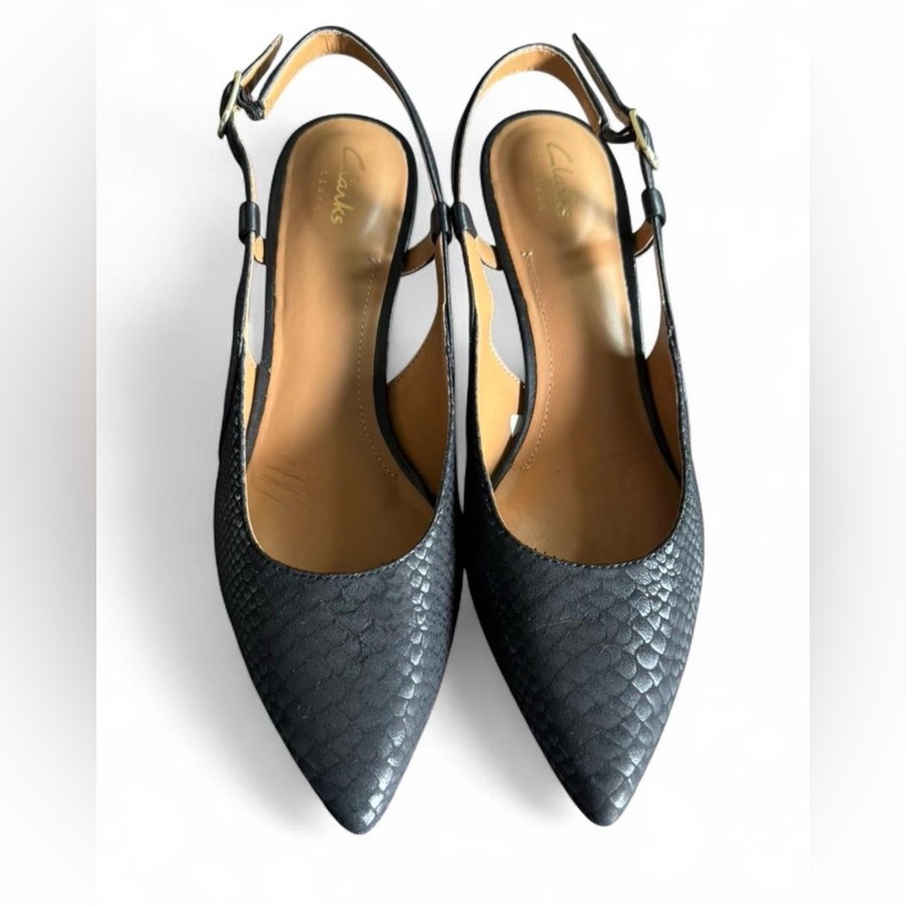 Clarks Black Snake Print Slingback Heels Pointed Toe Kitten Heel Comfort 9